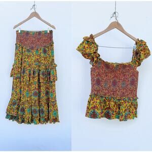 House Of Harlow 1960 Set‎ Maxi Skirt Smocked Tiered Ruffles Yellow Tropical